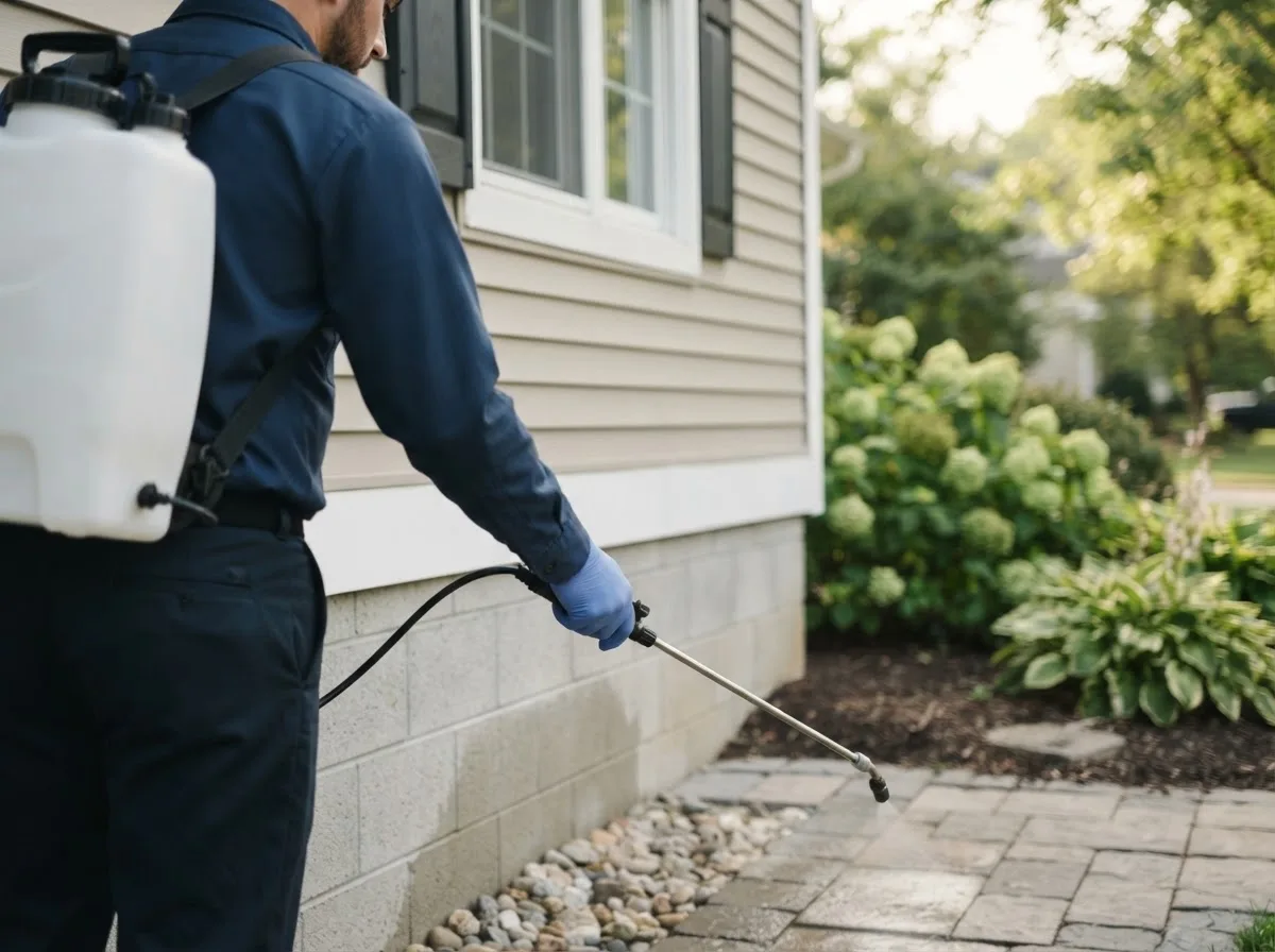 Pest control technician inspecting a home in Compton, IL